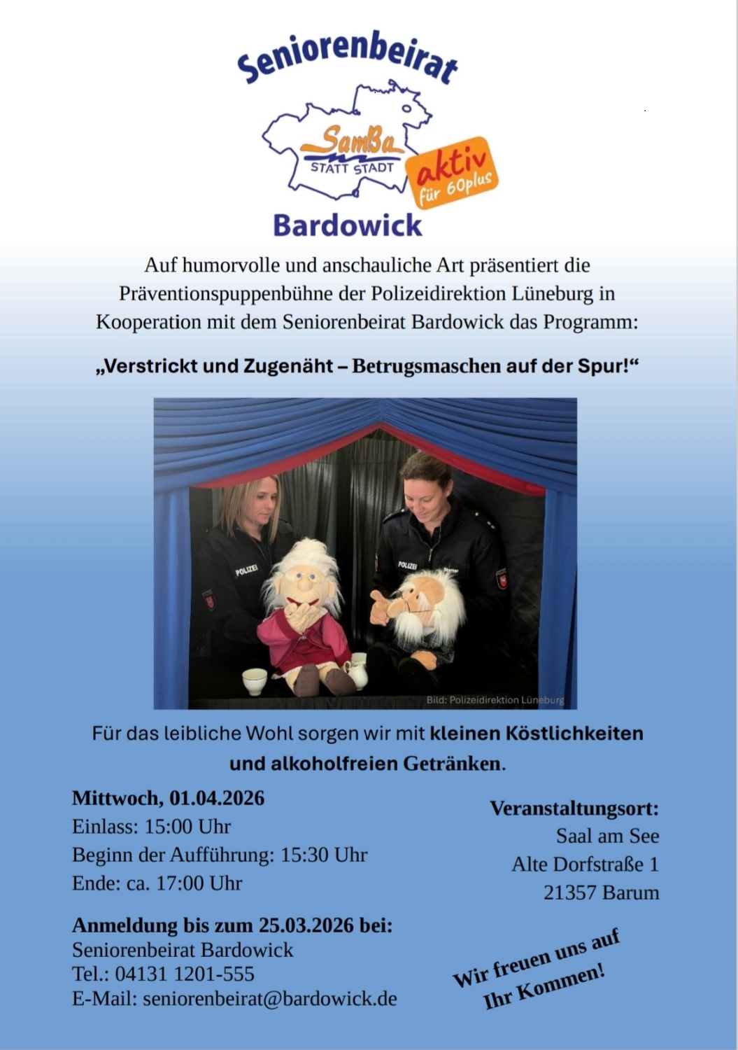 "Verstrickt und Zugenähnt - Betrugsmaschen auf der Spur": Präventionsveranstaltung von der Polizei Lüneburg und dem Seniorenbeirat am 01.04.2026