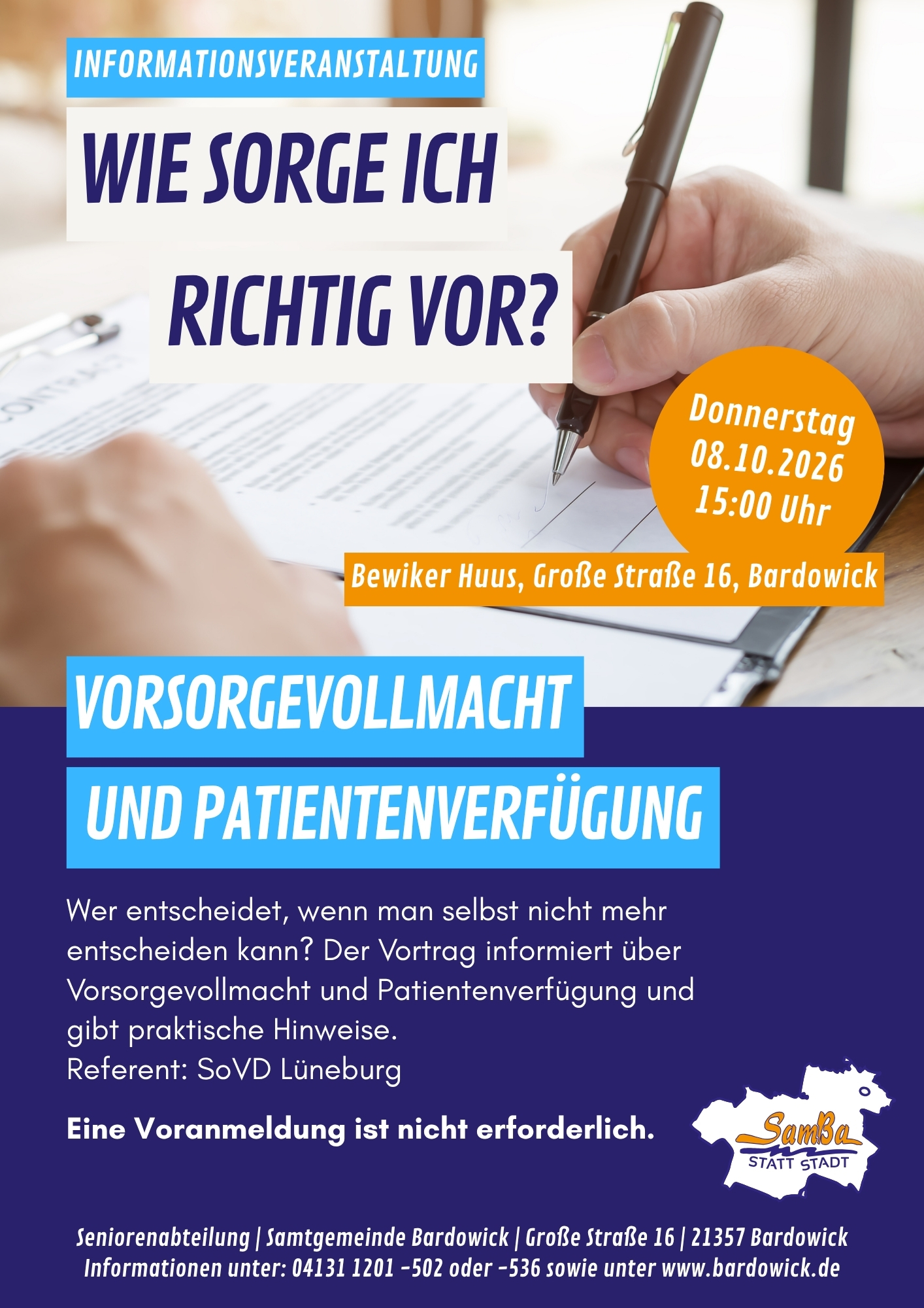 Der SoVD Lüneburg informiert über Vorsorgevollmacht und Patienverfügung am 08.10.26
