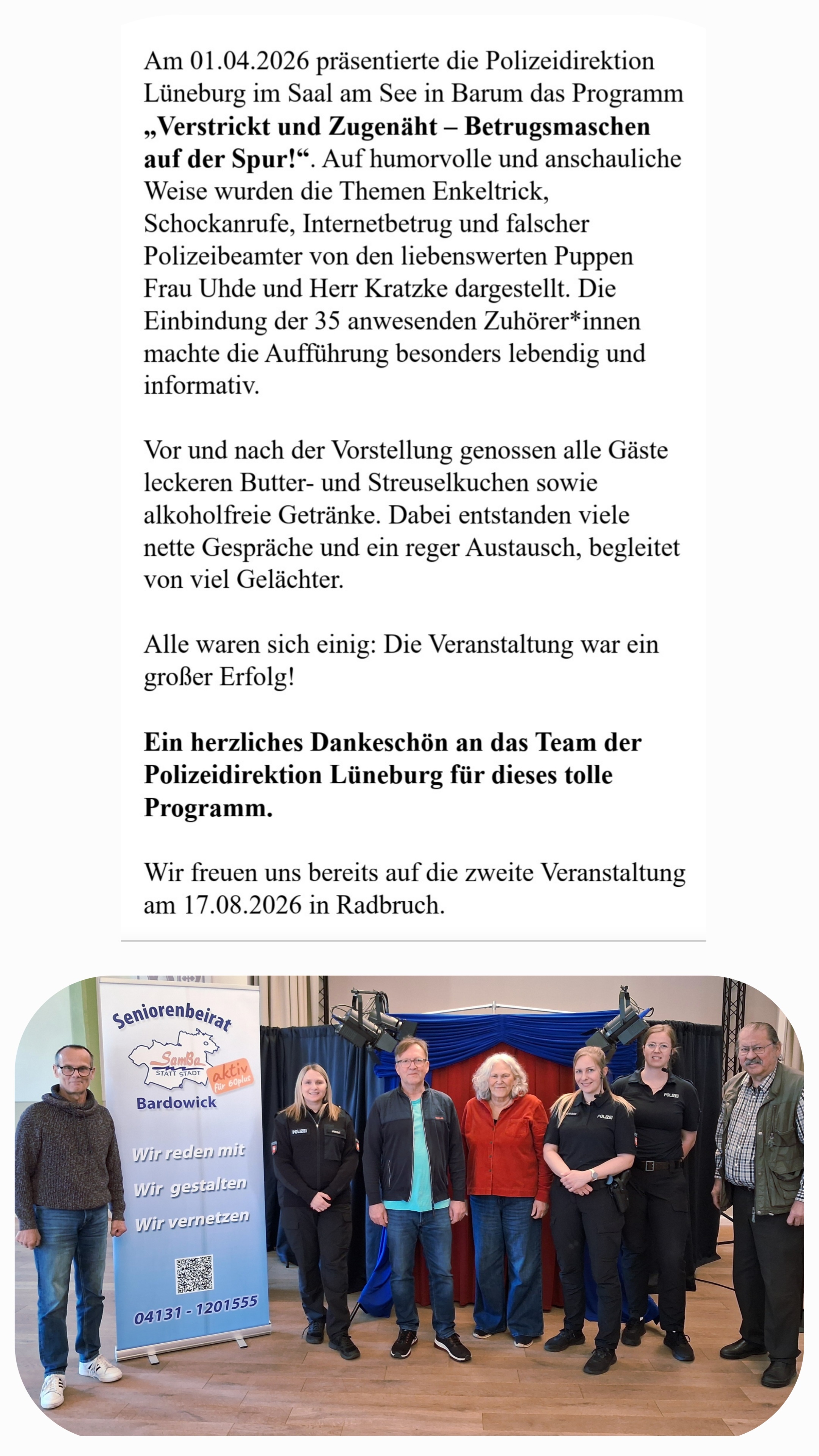 "Verstrickt und Zugenähnt - Betrugsmaschen auf der Spur": Präventionsveranstaltung von der Polizei Lüneburg und dem Seniorenbeirat am 01.04.2026