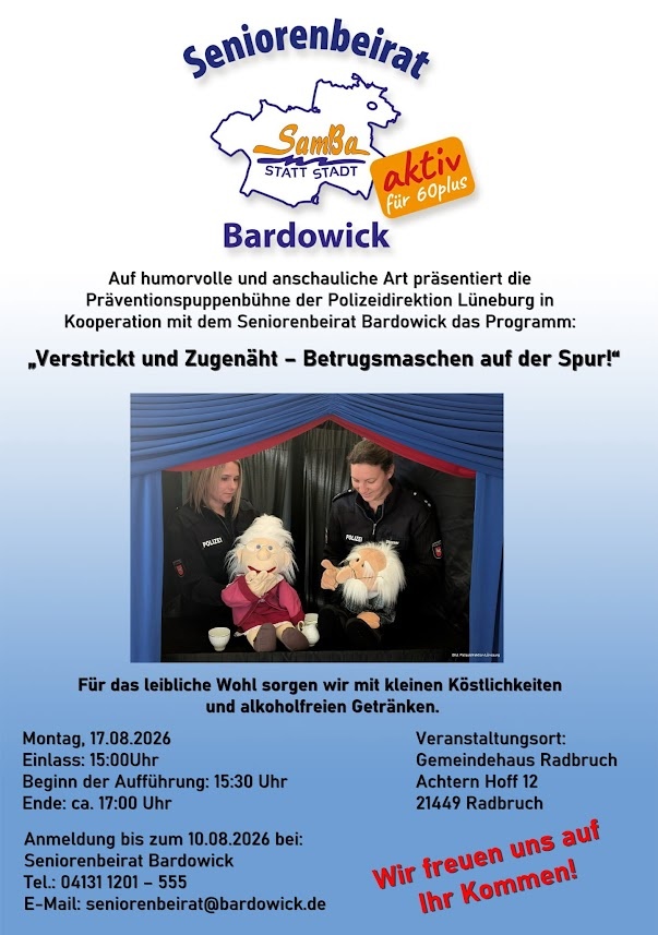 "Verstrickt und Zugenähnt - Betrugsmaschen auf der Spur": Präventionsveranstaltung von der Polizei Lüneburg und dem Seniorenbeirat am 17.08.2026