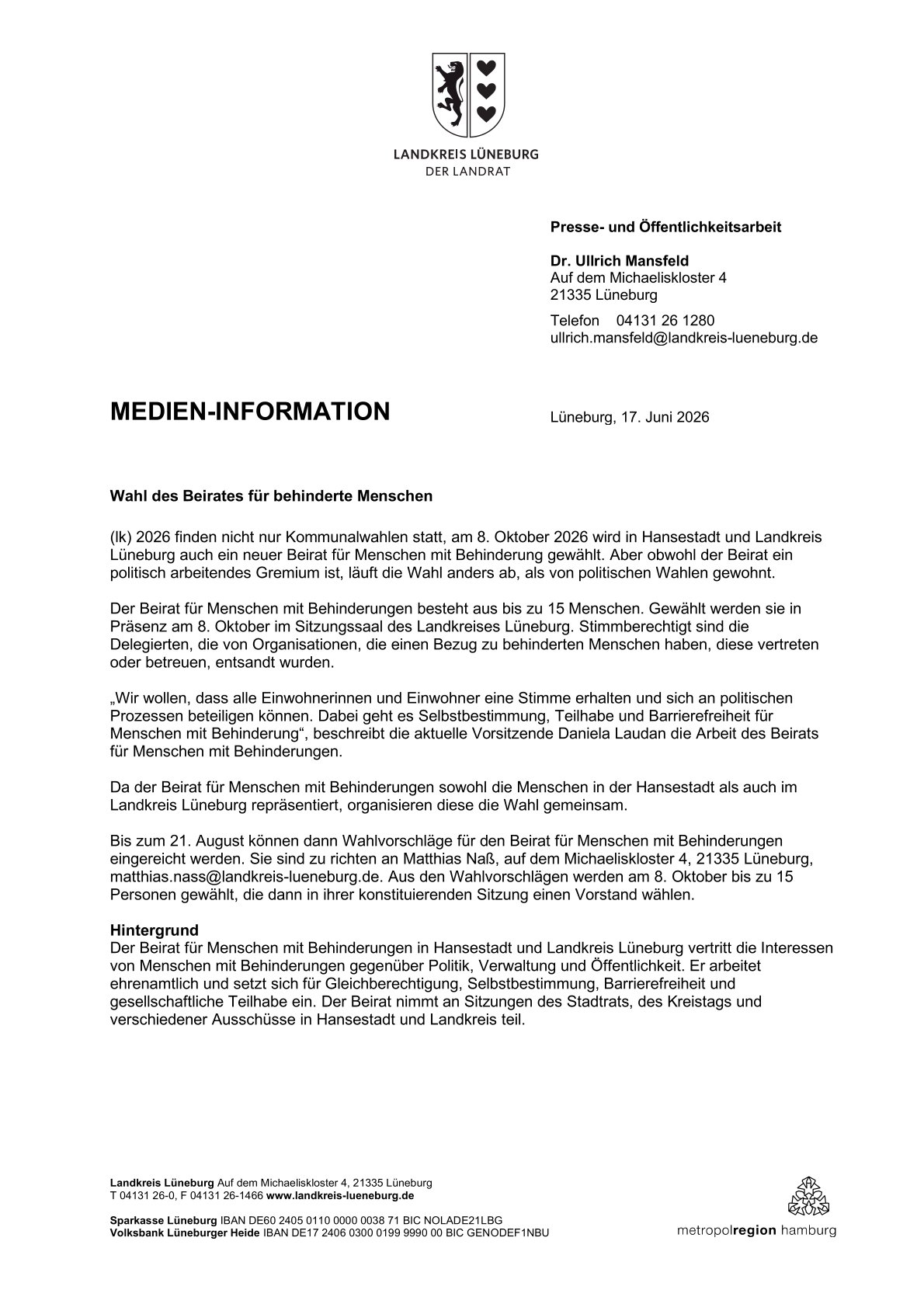 Bis zum 21.08.26 Wahlvorschläge für den Beirat für behinderte Menschen einreichen